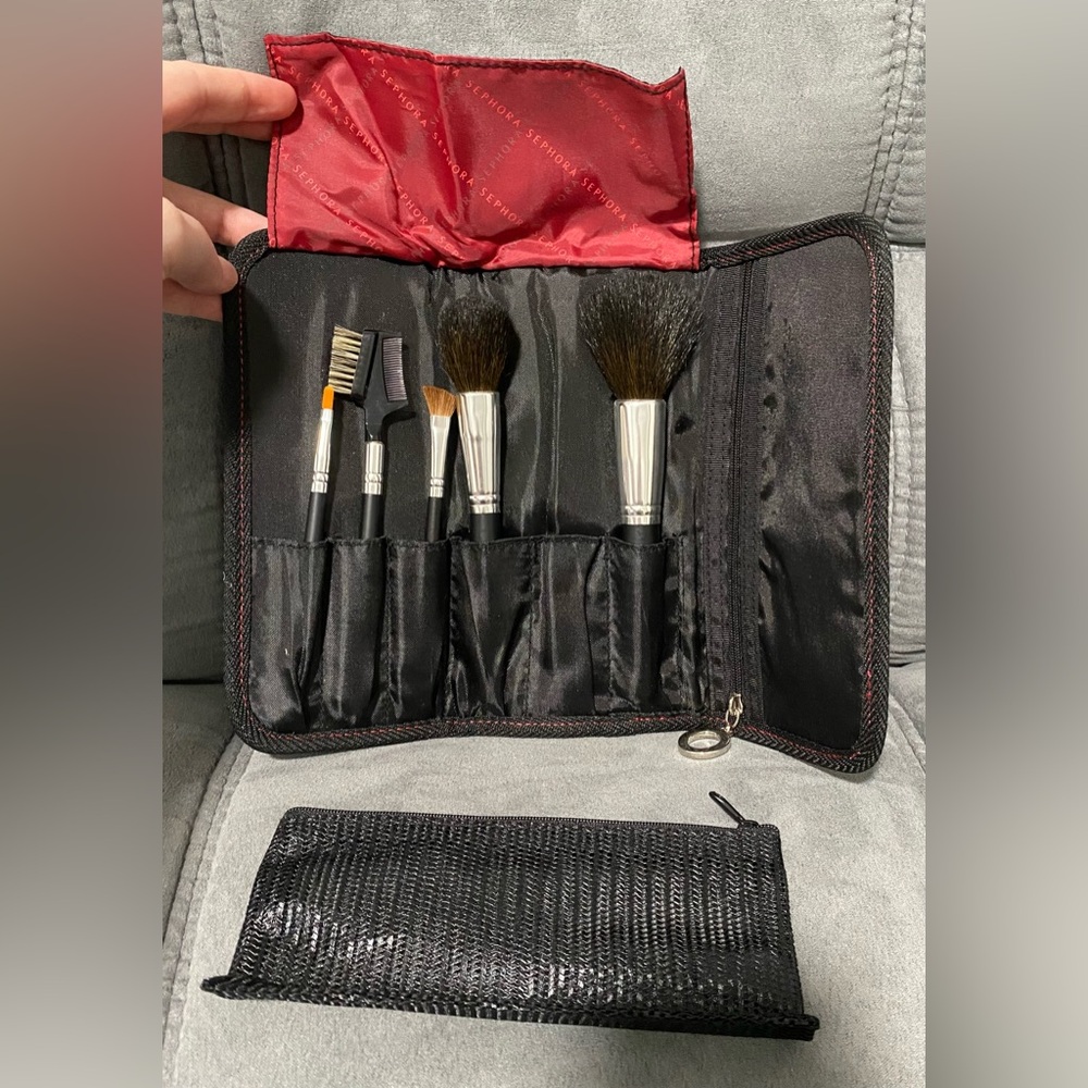 Sephora Travel Makeup Brush Set w/Black Case Pouch 6Pc  NEW